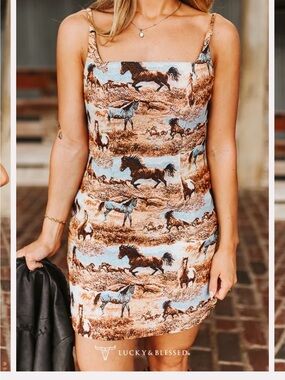 Lucky & Blessed Brown and Blue Horse Print Mini Dress